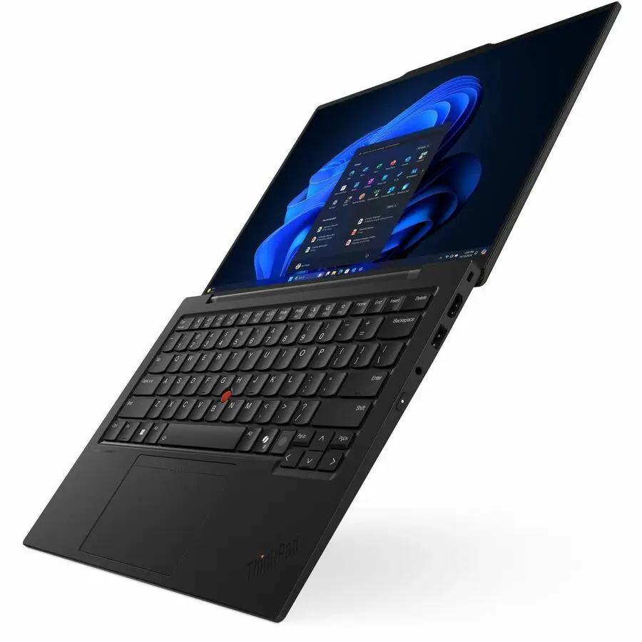 Lenovo ThinkPad X1 Carbon Gen 13 Ultrabook in black, open with keyboard and Windows on screen.
