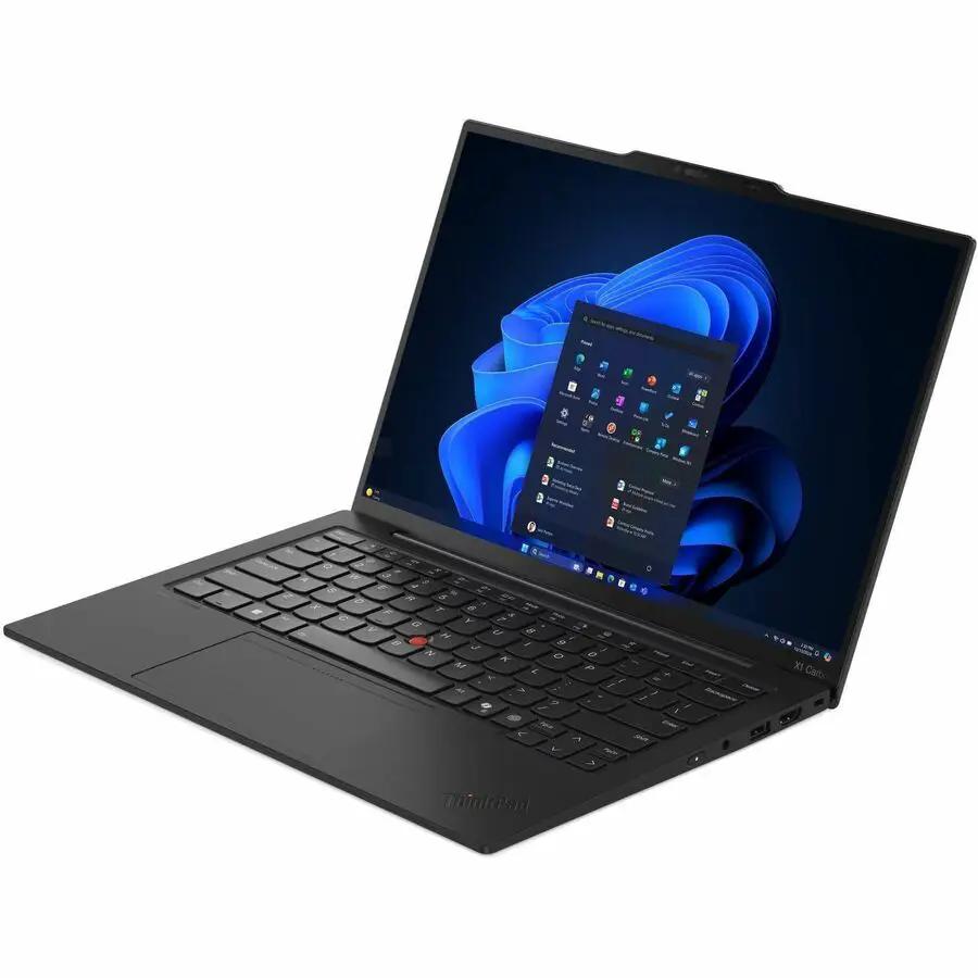 Lenovo ThinkPad X1 Carbon Gen 13 Ultrabook, black laptop with red TrackPoint, open showing Windows desktop.