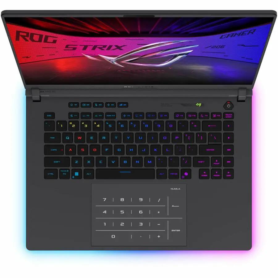 ASUS ROG Strix G16 gaming laptop, black chassis with RGB keyboard lighting.