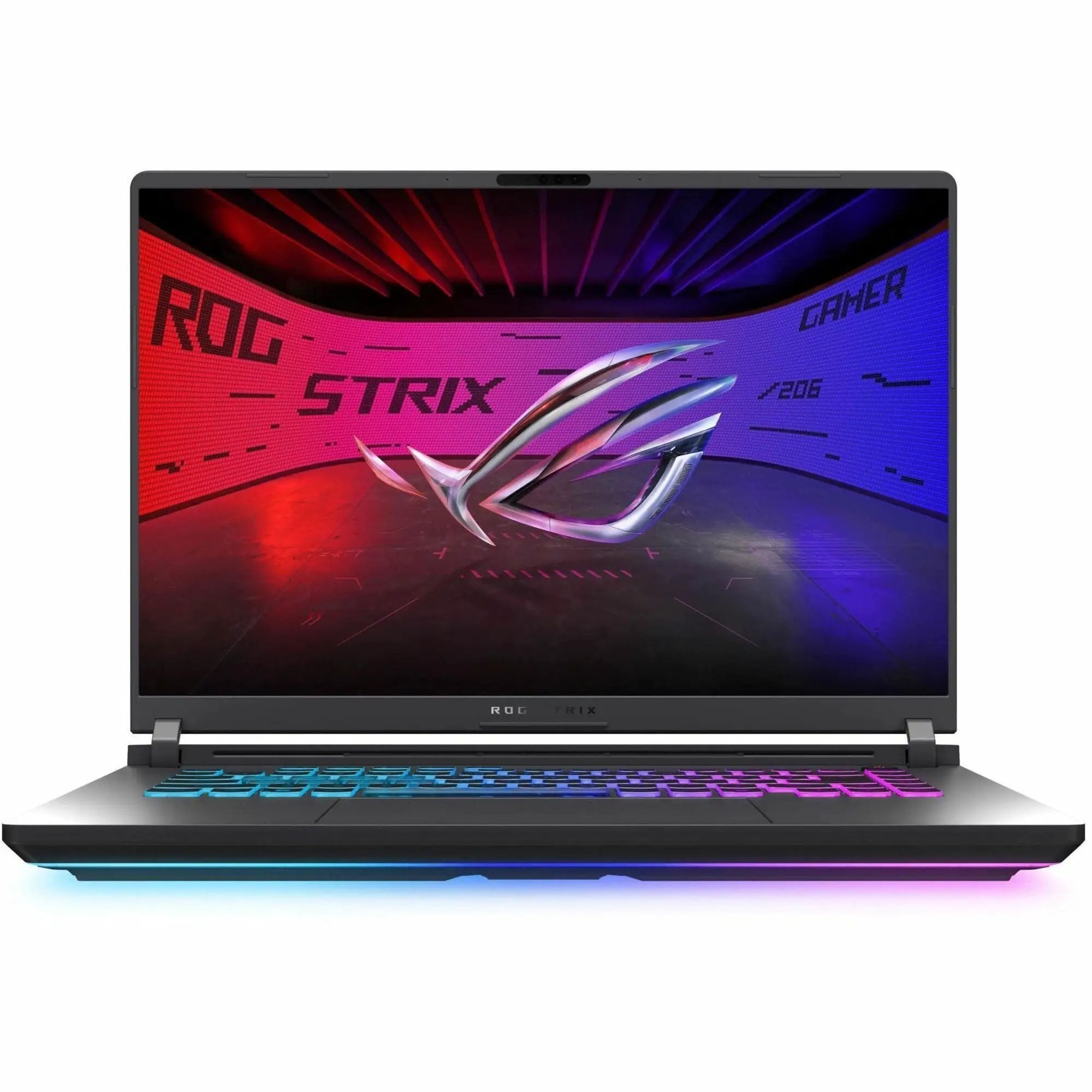 ASUS ROG Strix G16 gaming laptop with RGB backlit keyboard and dark chassis
