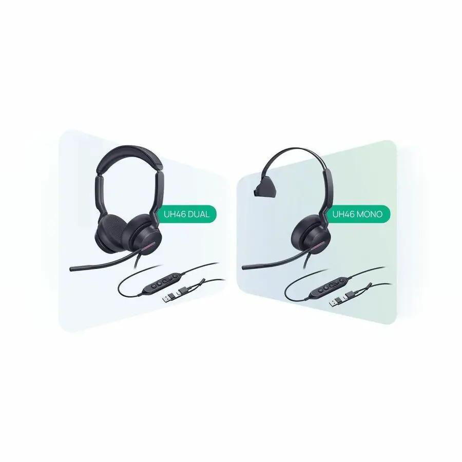 Yealink UH46 Dual MS USB-C A black headset; two models shown (DUAL and MONO) with inline control units and USB cables.