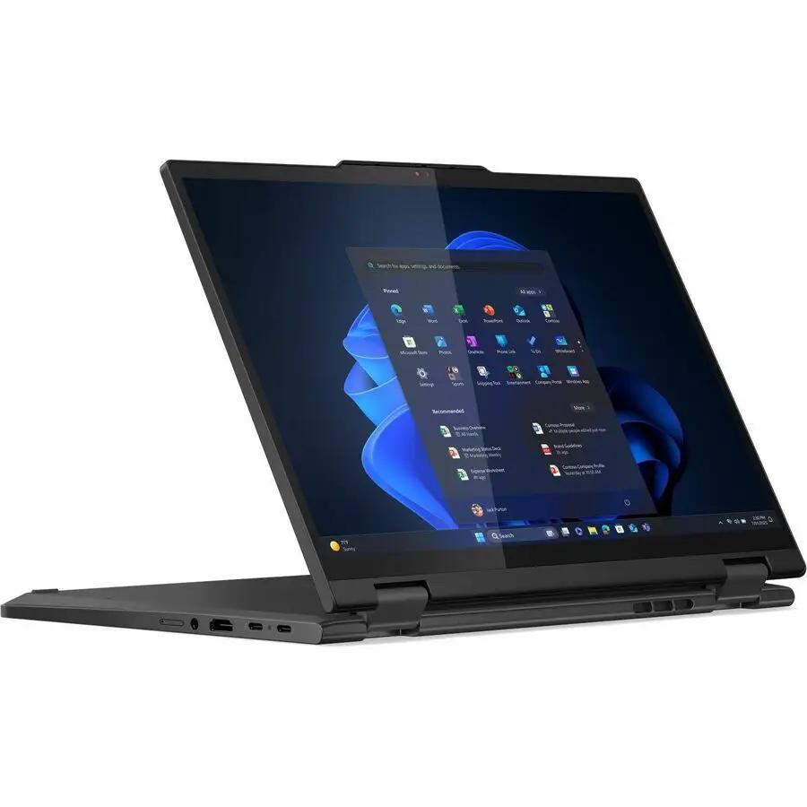Lenovo ThinkPad T14s 2-in-1 laptop, black, open with Windows desktop on screen.