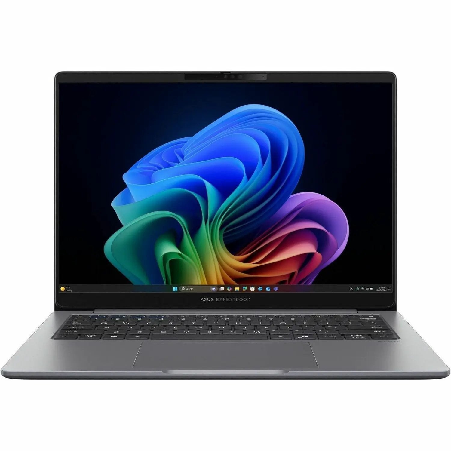 ASUS ExpertBook P3 laptop, silver metal body, front view with keyboard visible