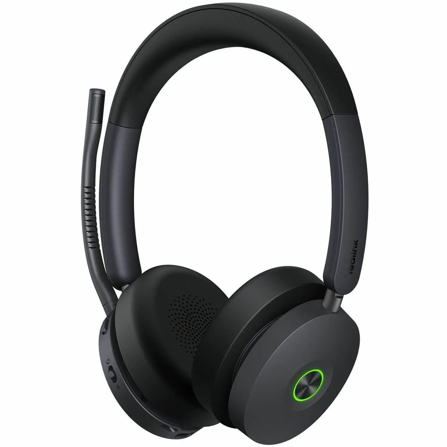 Yealink WH68 UC wireless headset, black over-ear with green LED ring.
