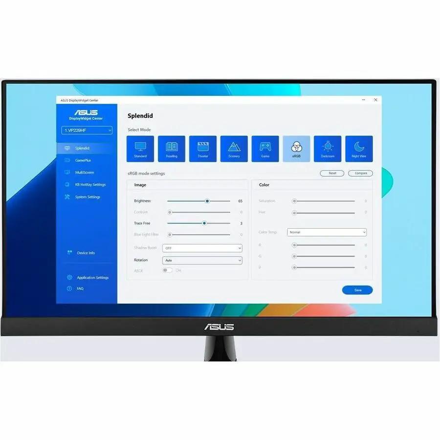 ASUS VP229QF 22-inch black IPS monitor with on-screen display settings visible.