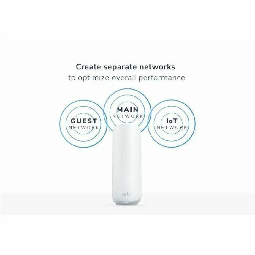NETGEAR Orbi ORBI3 WiFi7 router in white with blue rings for guest, main and IoT networks