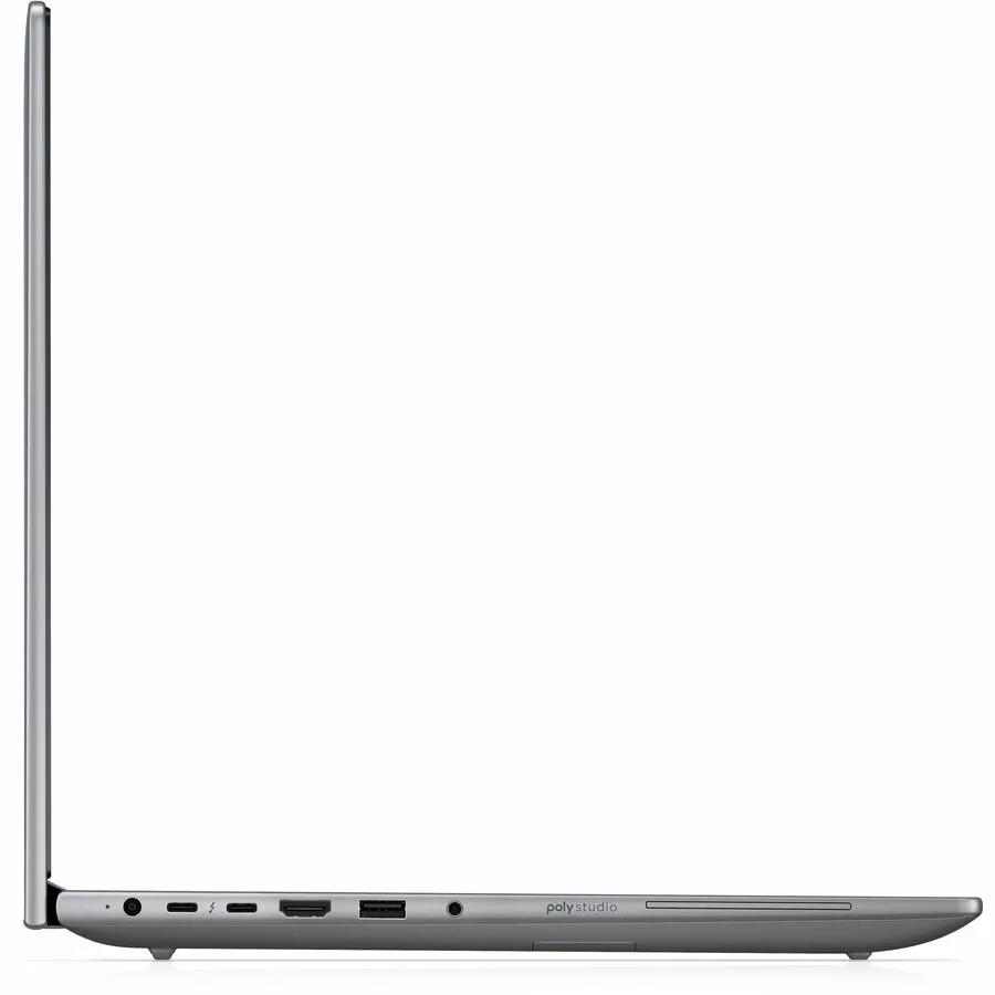 HP ZBook X 16 Mobile Workstation laptop in silver, side-profile view with visible ports along the chassis