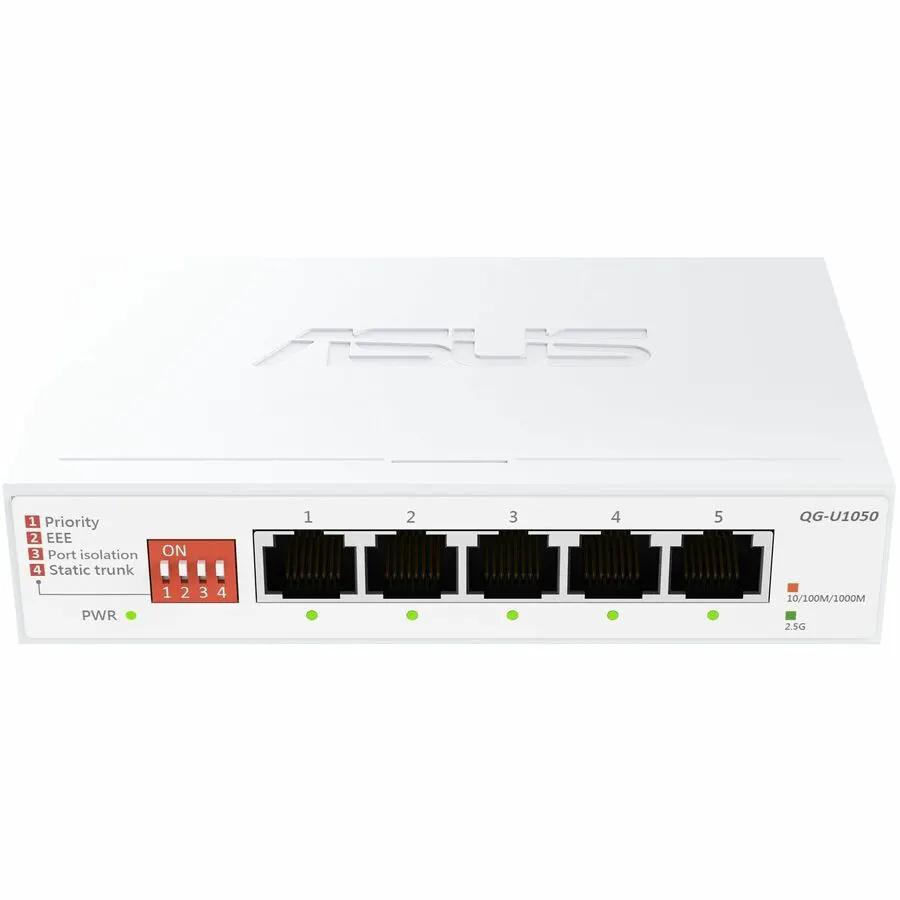 ASUS QG-U1050 5-Port 2.5G Unmanaged Switch, white chassis with green LEDs and labeled ports