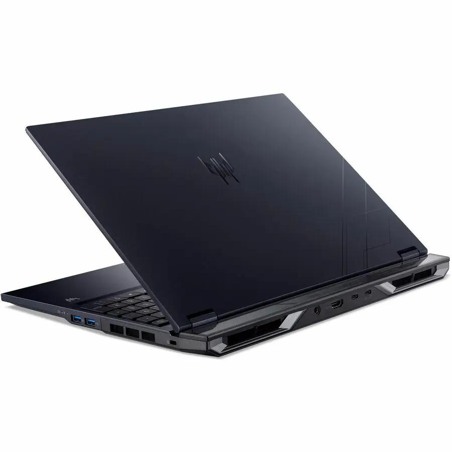 Predator Helios 16 gaming laptop, black with Predator logo on lid; side ports visible.