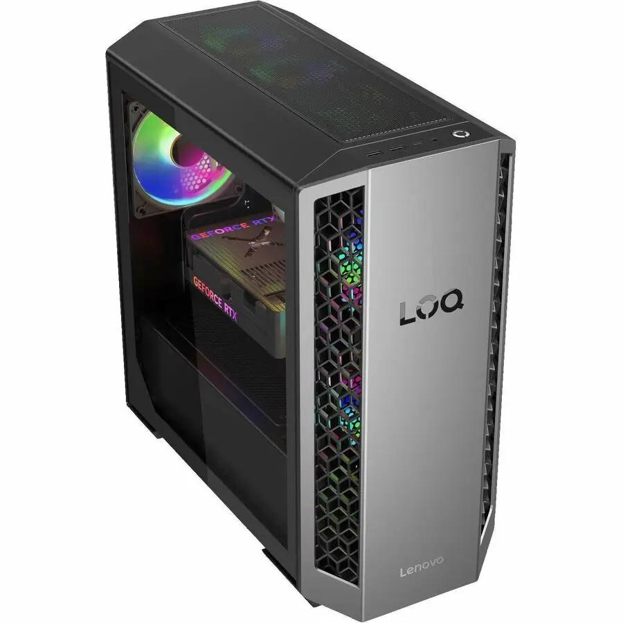Lenovo LOQ desktop tower with silver front panel, mesh vent, RGB fans, and GeForce RTX GPU visible through side panel