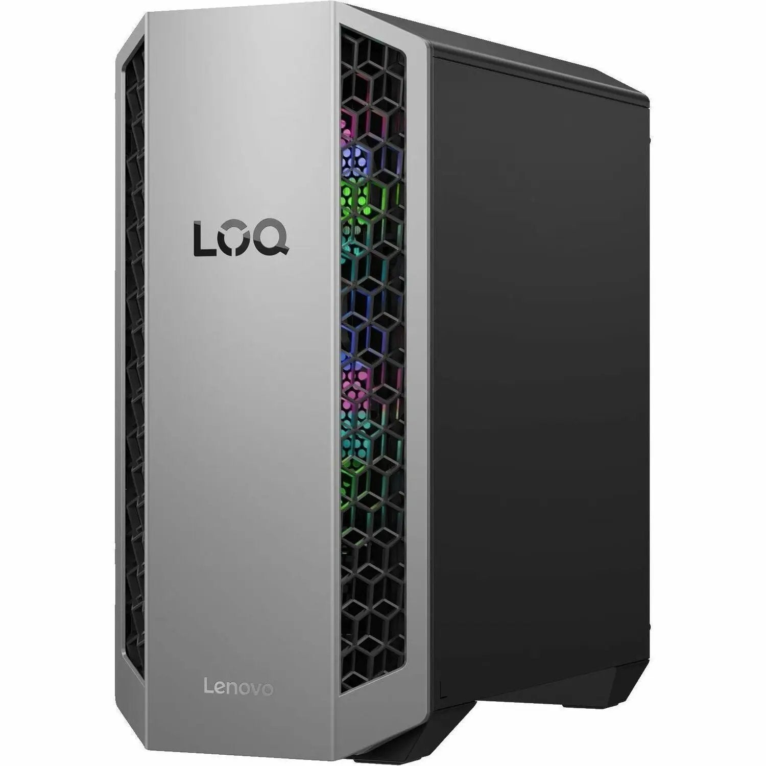 Lenovo LOQ 26ADR10 gaming desktop tower, Luna Gray with RGB-lit hex grille and Lenovo logo