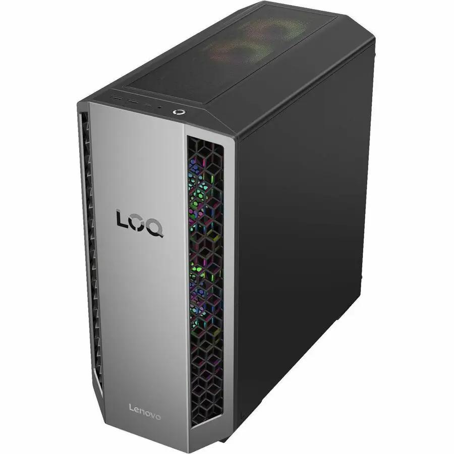 Lenovo LOQ 26ADR10 desktop tower with silver front panel and RGB-lit mesh