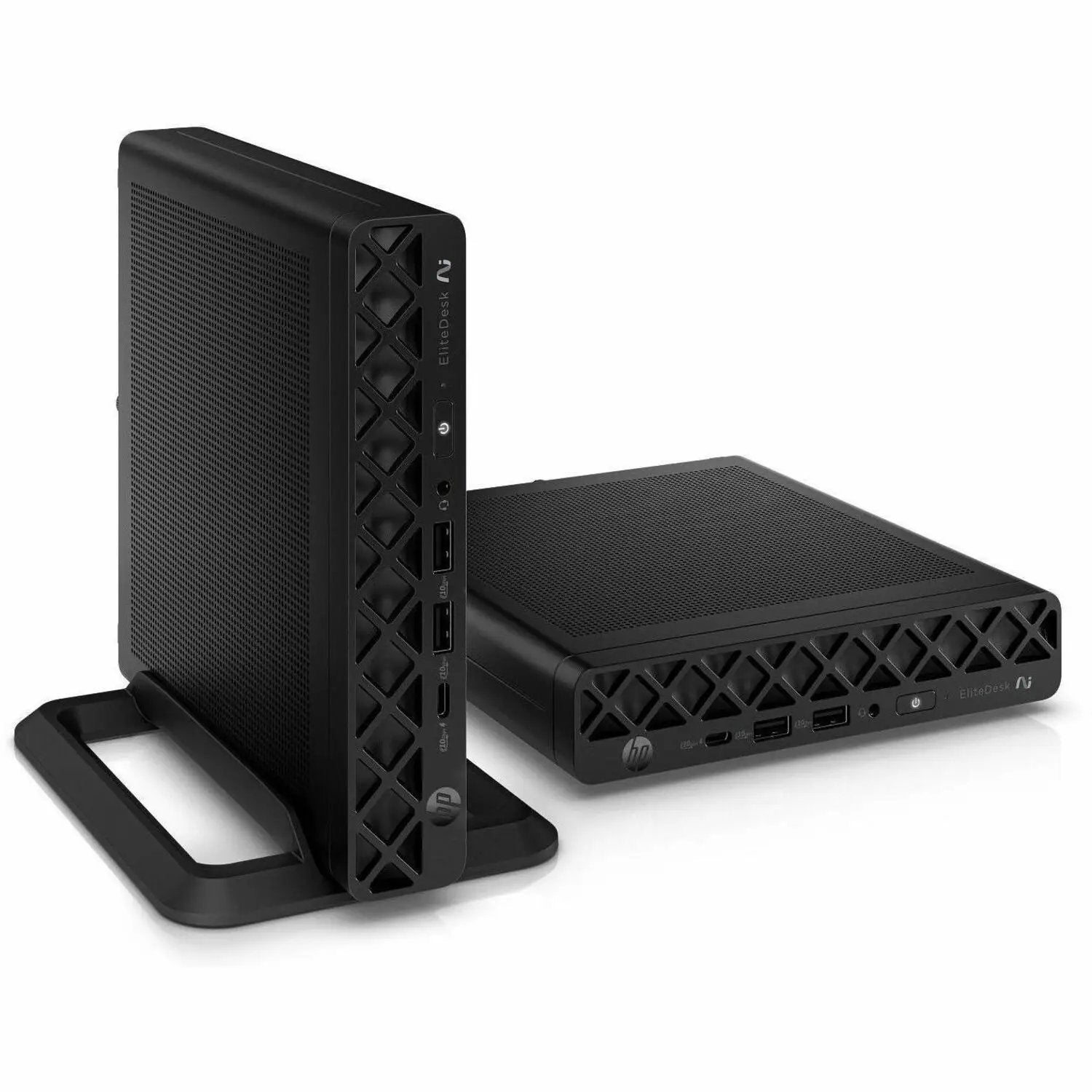 HP EliteDesk 800 G1 Mini PC, two black compact desktops (one standing on a stand, one flat) with front ports