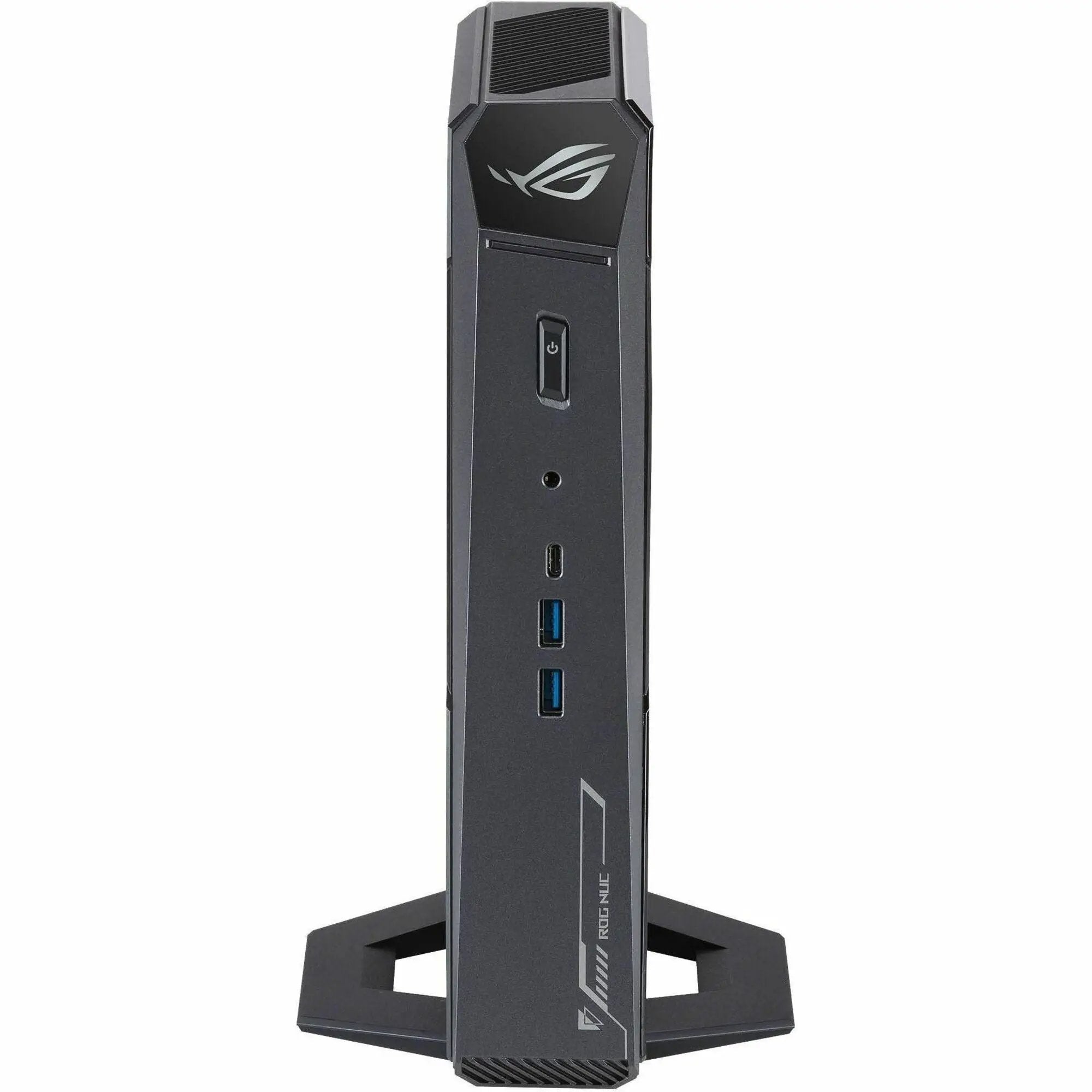 ROG NUC 2025 mini PC on a stand, black chassis with ROG logo and front USB-C/USB-A ports