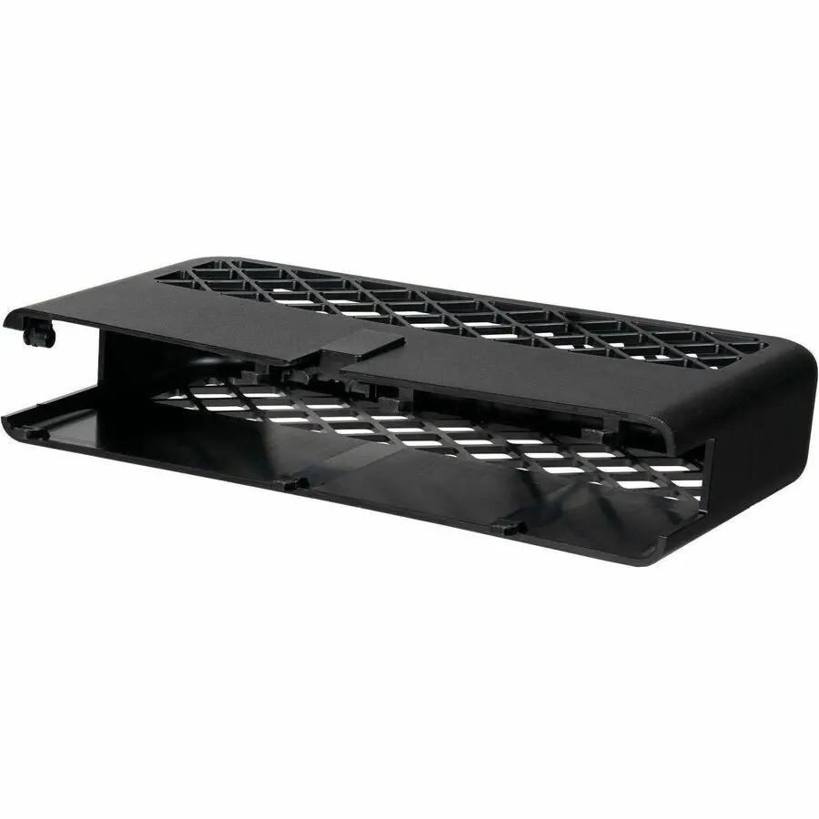 Black plastic drive cage for desktop computer with perforated lattice panels