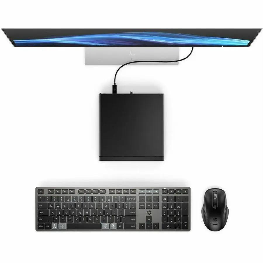 HP EliteDesk G1a mini PC, black, with monitor, keyboard, and mouse