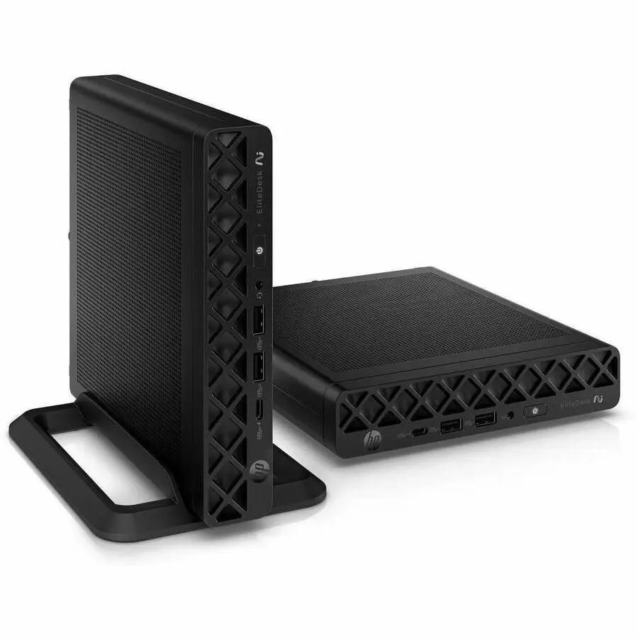 HP EliteDesk 800 G1a mini desktop computers, two units, black, one on a vertical stand