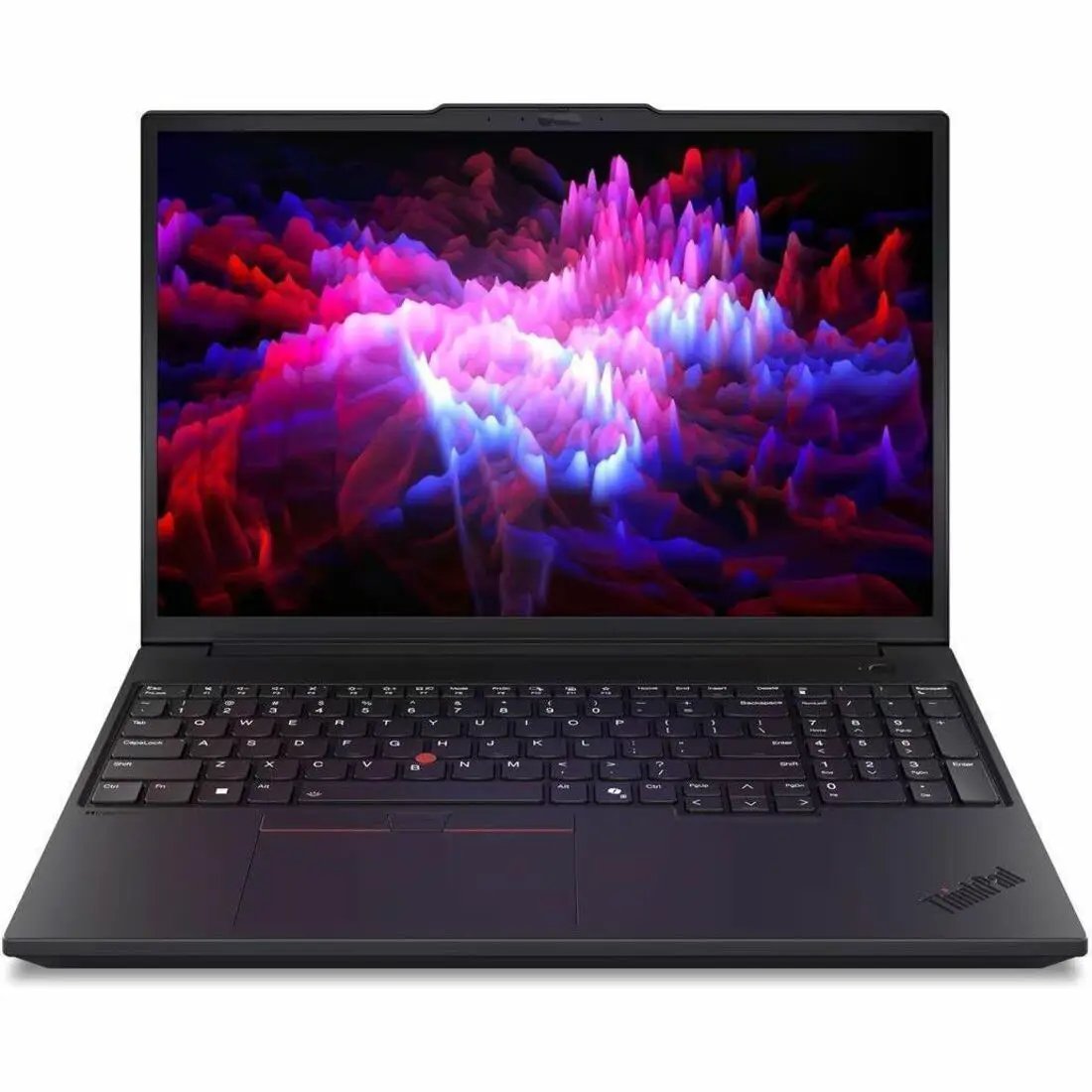 Lenovo ThinkPad P16v G3 laptop, black chassis with red TrackPoint and vibrant display