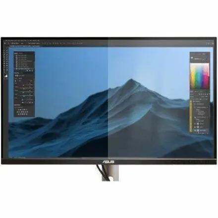 ASUS ProArt PA32QCV 32-inch monitor with blue-tinted split-screen display.