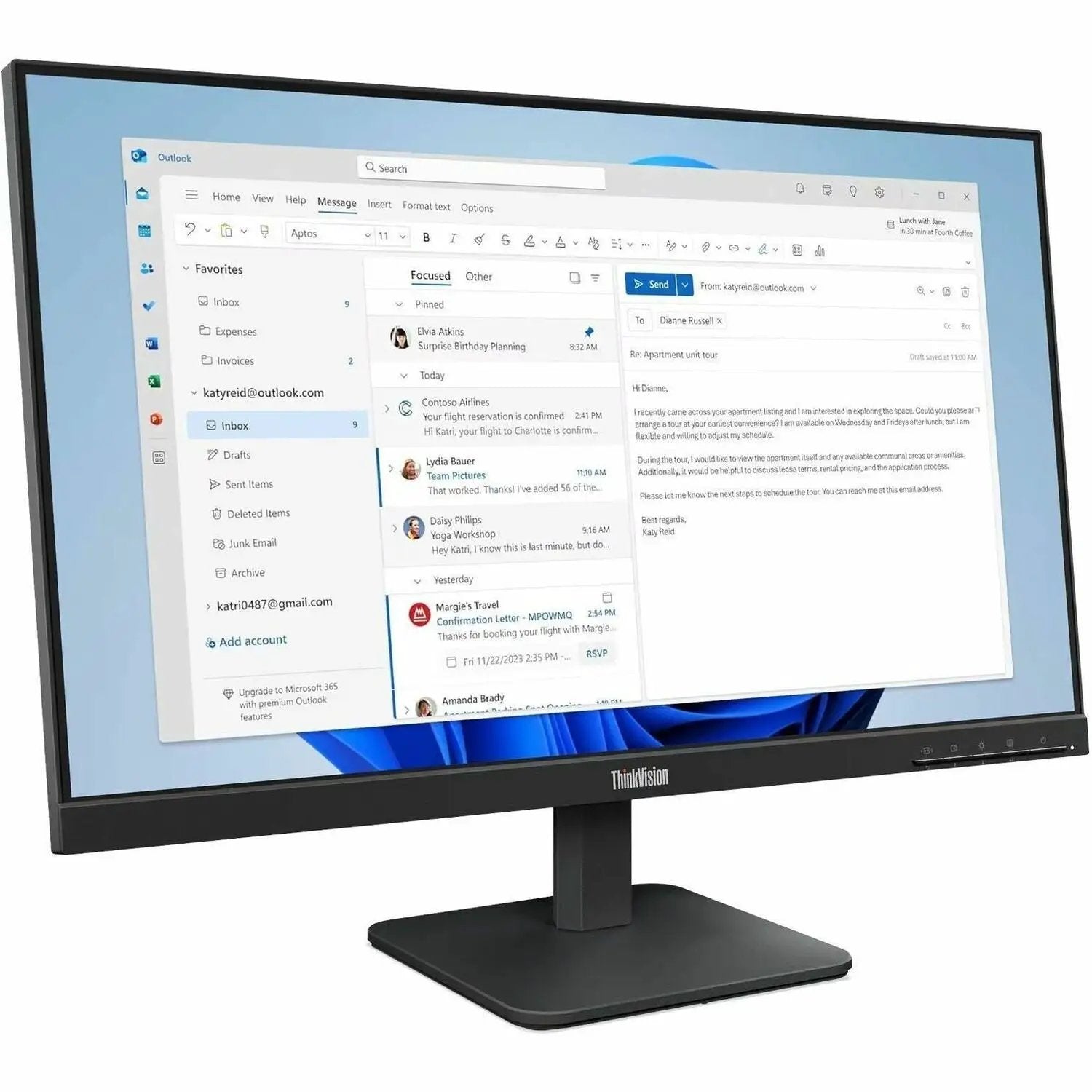 Lenovo ThinkVision S24-4e 23.8-inch computer monitor on black stand, displaying Outlook UI.