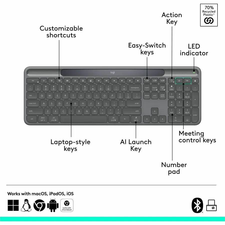 Logitech Signature Slim Solar+ K980 for Business, Wireless Keyboard, Quiet Typing, Secure Receiver, Bluetooth, Windows, Mac - Graphite