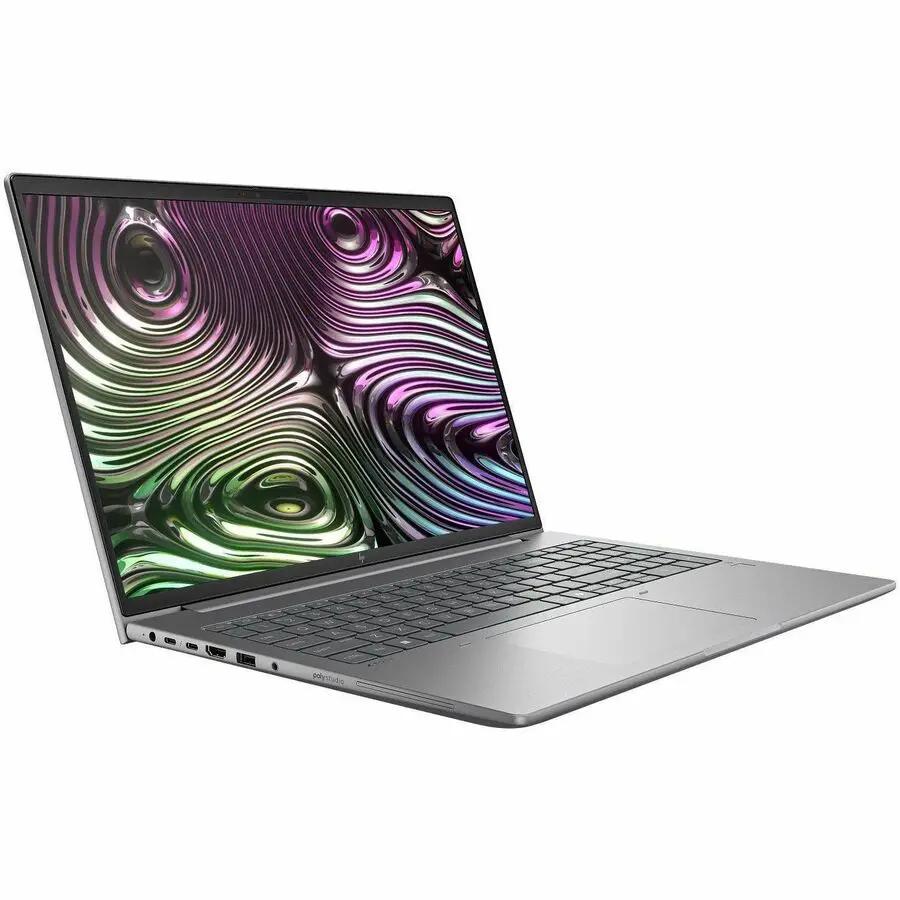 HP ZBook X 16 Mobile Workstation laptop in silver, open with a vibrant wallpaper display