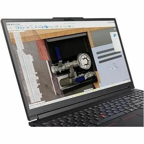 Lenovo ThinkPad P16 G3 laptop, black, 16-inch display showing CAD of a mechanical assembly