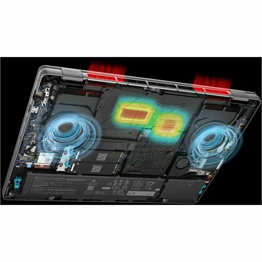 HP ZBook Fury 16 black mobile workstation laptop with exposed internals and dual cooling fans