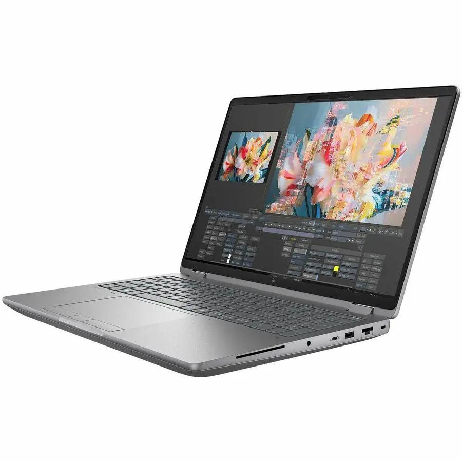 HP ZBook Fury 16 Mobile Workstation laptop with silver chassis and editing software shown on screen.