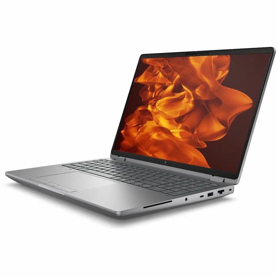 HP ZBook Fury 16 laptop, silver chassis with orange flame display, 32GB RAM, 1TB SSD