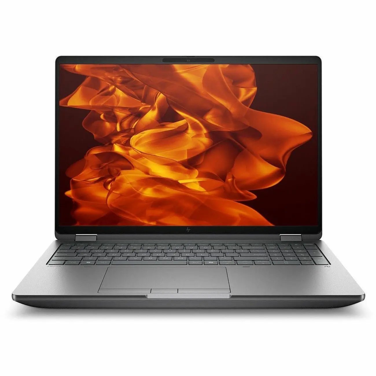 HP ZBook Fury 16 laptop, silver chassis with black keyboard showing orange flame wallpaper