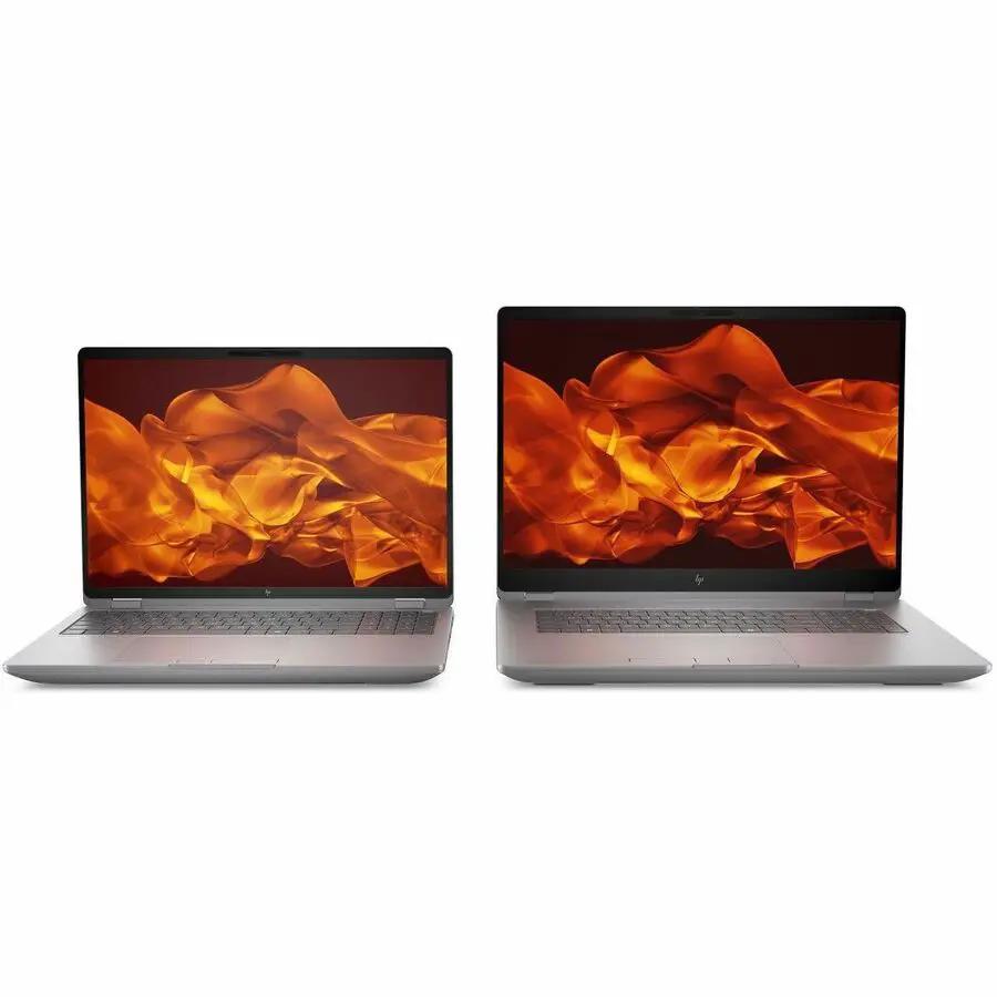HP ZBook Fury 16 Laptop, 2 units, silver chassis with orange flame wallpaper