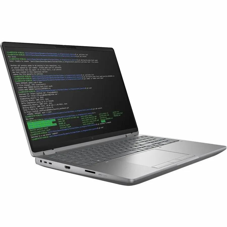 HP ZBook Fury 16 laptop, silver chassis with code on screen