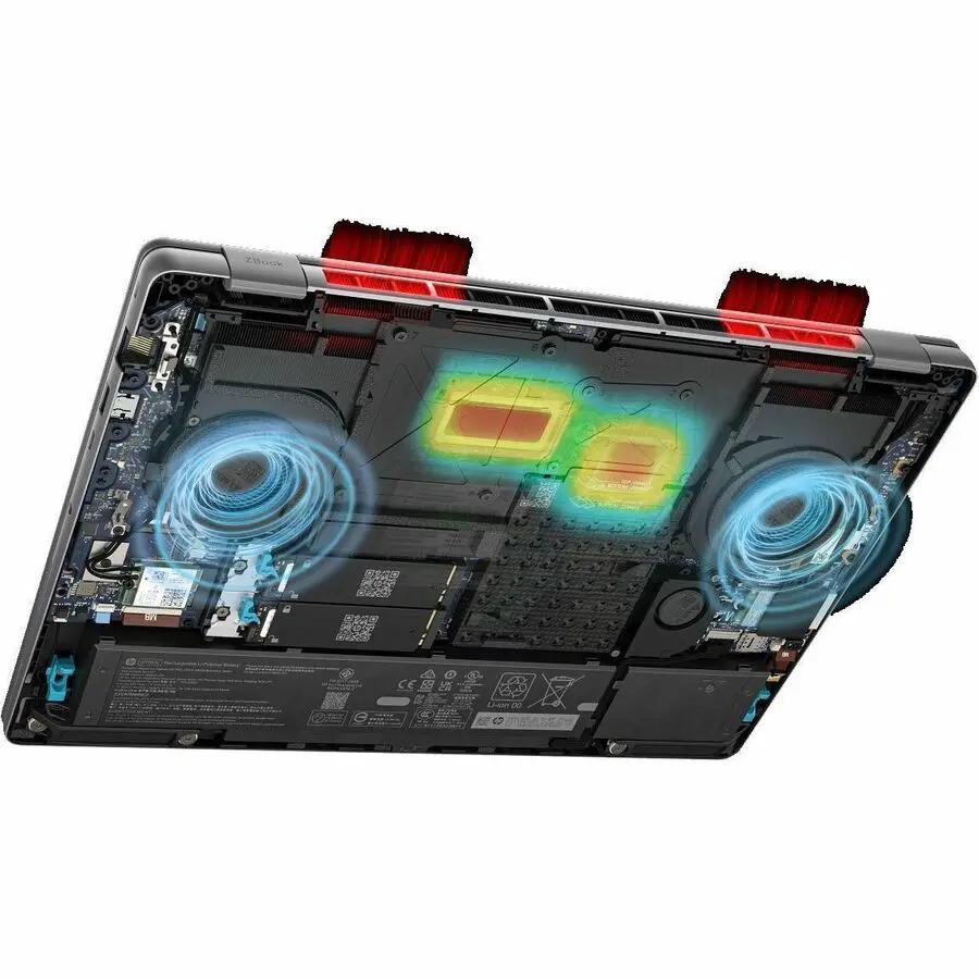 HP ZBook Fury 16 Laptop internal cutaway view with cooling fans and exposed motherboard.