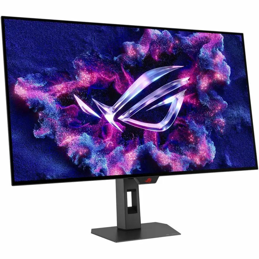 ASUS ROG Strix 32-inch 4K OLED gaming monitor on black stand with red ROG logo