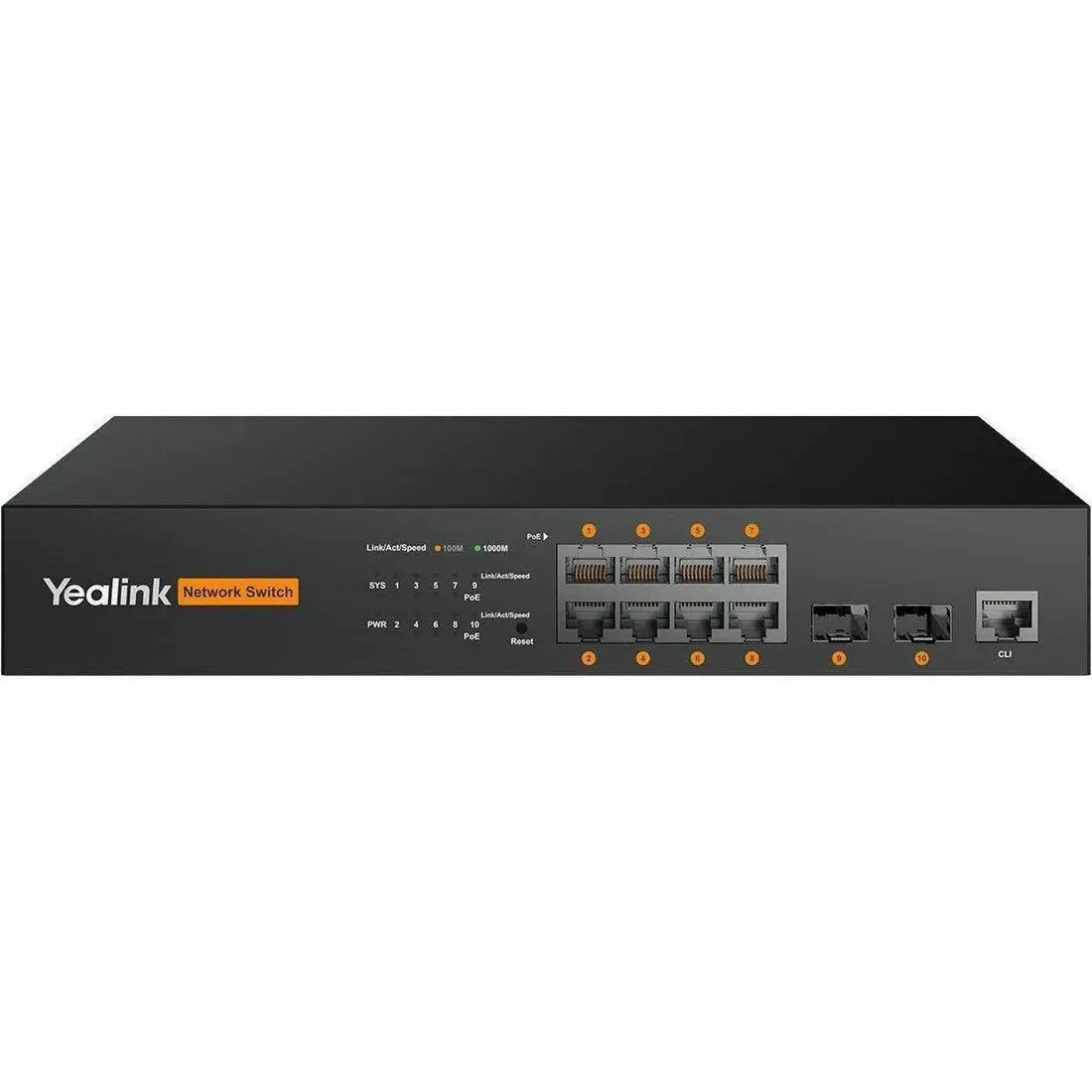 Yealink RCH80 8-Port Gigabit PoE SFP switch in black with front-panel RJ-45 ports