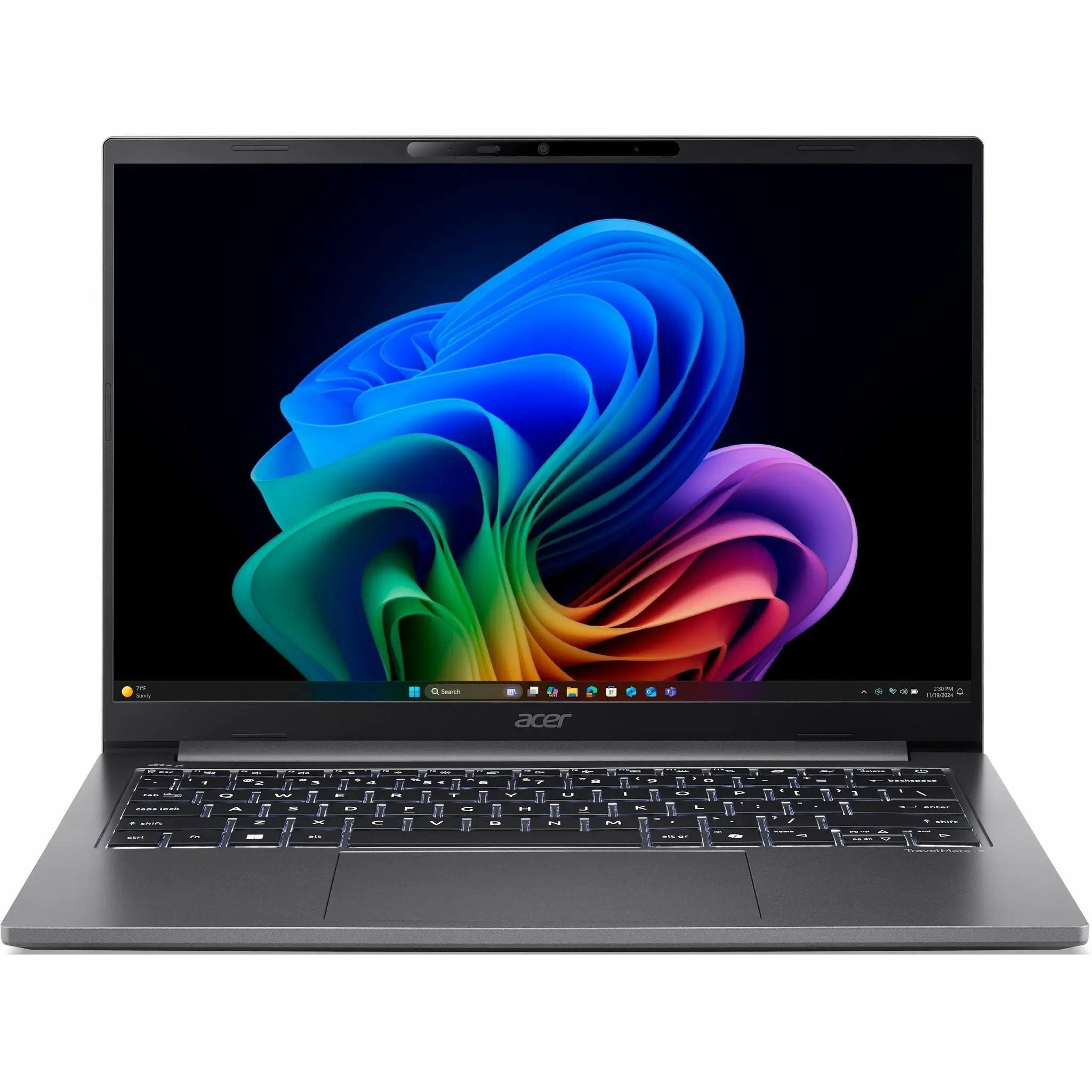 Acer TravelMate X4 14-inch laptop, dark gray, open with colorful abstract wallpaper.