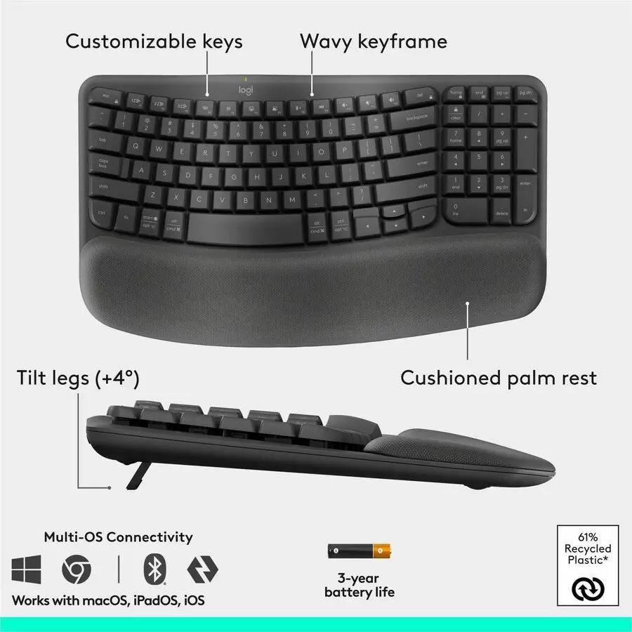 Logitech Wave Keys & Lift Vertical Mouse - Ergonomic Wireless Keyboard and Mouse Combo - with Cushioned Palm Rest (Graphite)