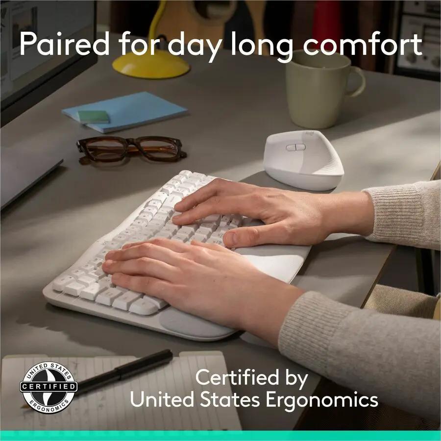 Logitech Wave Keys & Lift Vertical Mouse - Ergonomic Wireless Keyboard and Mouse Combo - with Cushioned Palm Rest (Off-white)