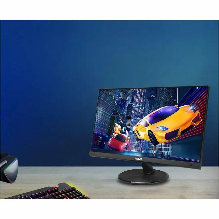 ASUS VP227HF 22-inch full HD monitor on desk with RGB-backlit keyboard