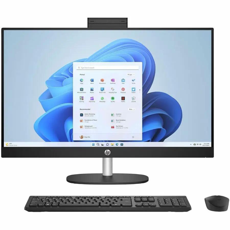 HP All-in-One 27-inch desktop with keyboard and mouse; jet-black, i5-1334U, 16GB RAM, 1TB NVMe SSD.
