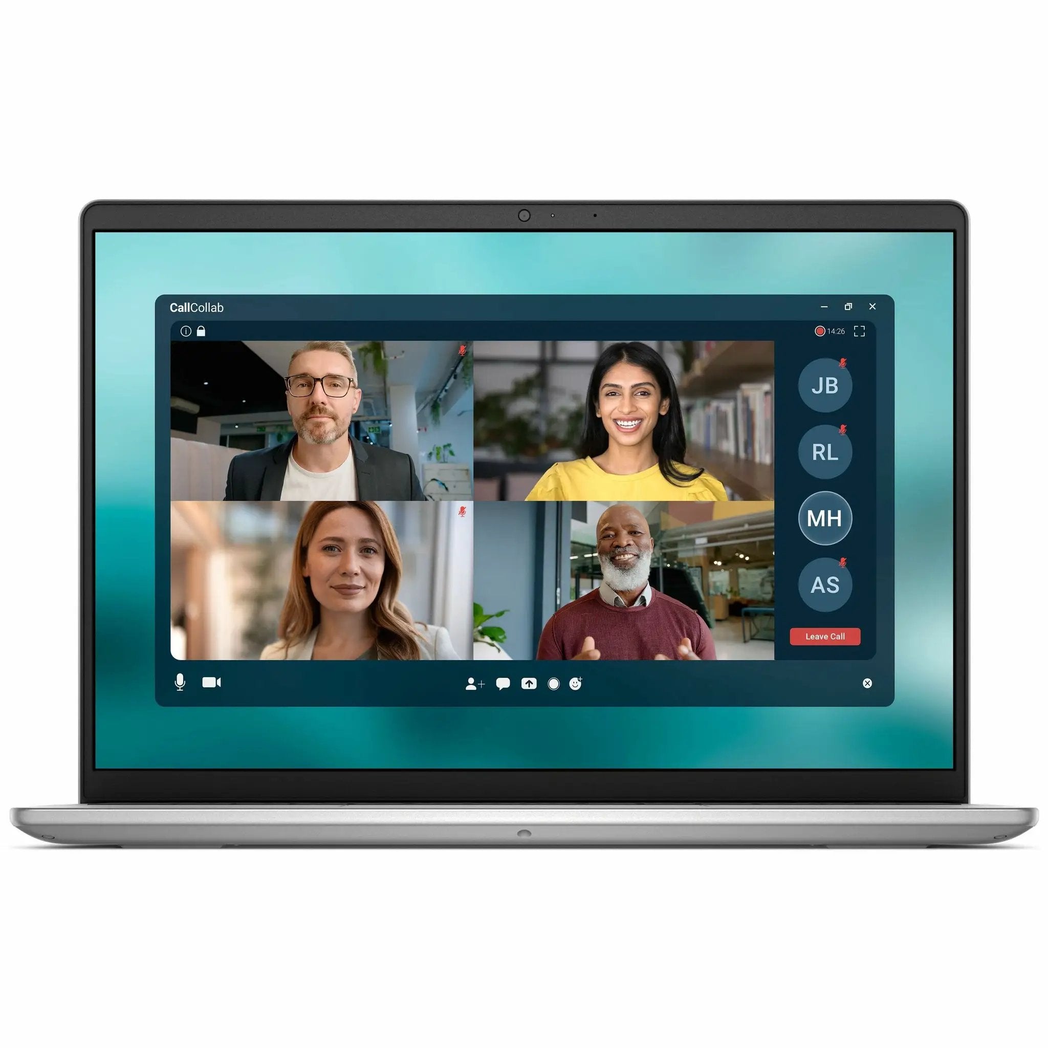 Dell Pro 14 Essential laptop with silver chassis and dark screen bezel, shown during a multi-person video conference.