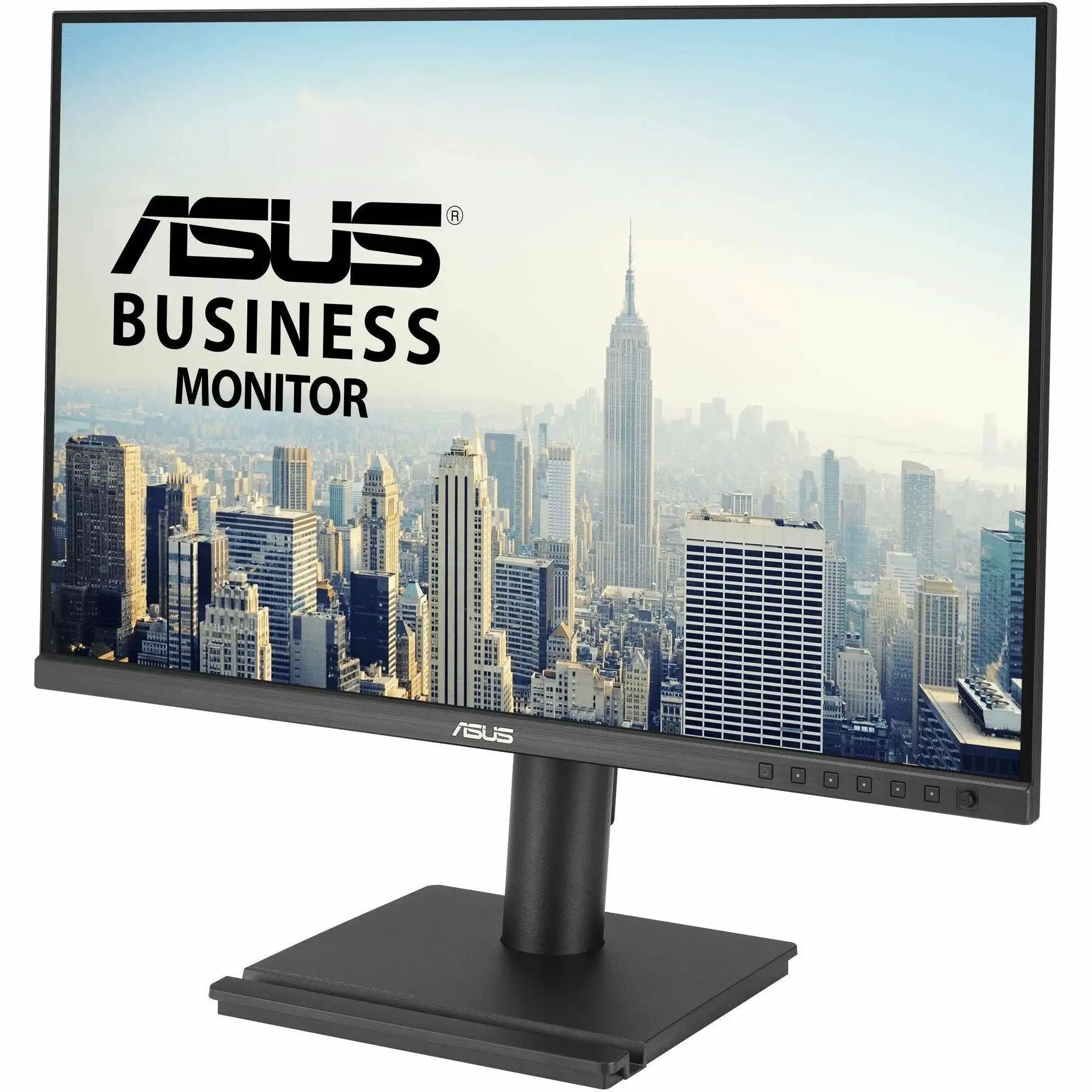 ASUS BE248QF 24.1-inch WUXGA IPS monitor on black stand with skyline wallpaper.