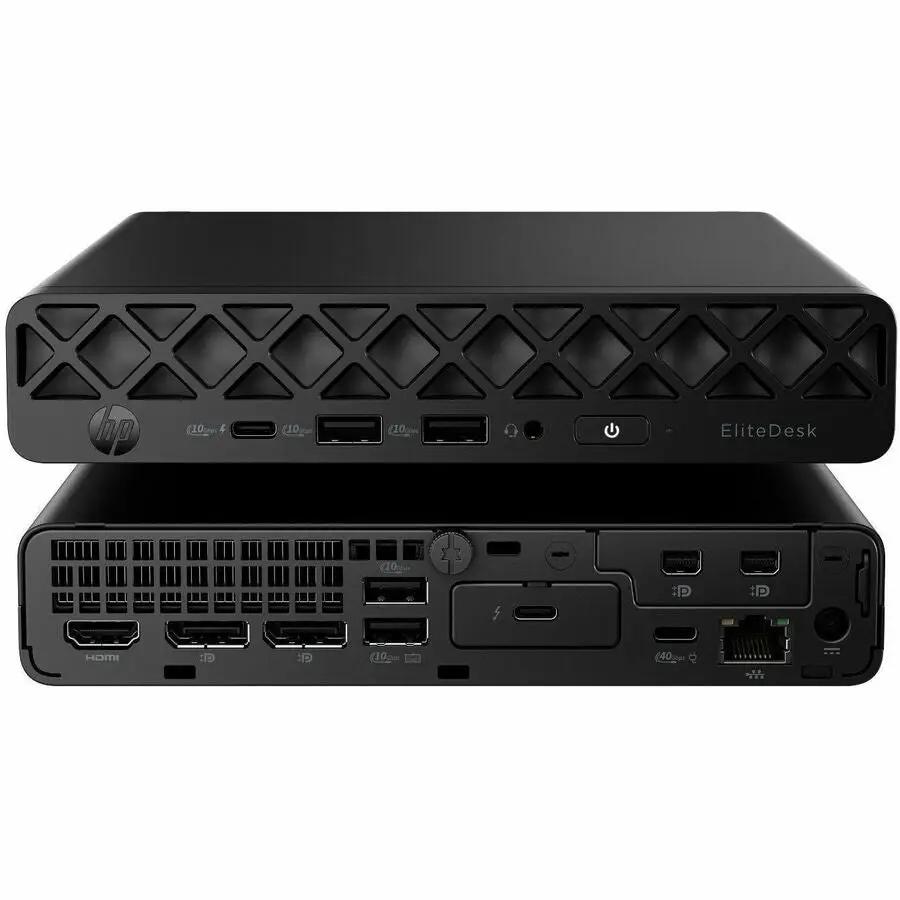 HP EliteDesk 8 Mini Desktop computer, black, front power button and HP logo with rear I/O ports