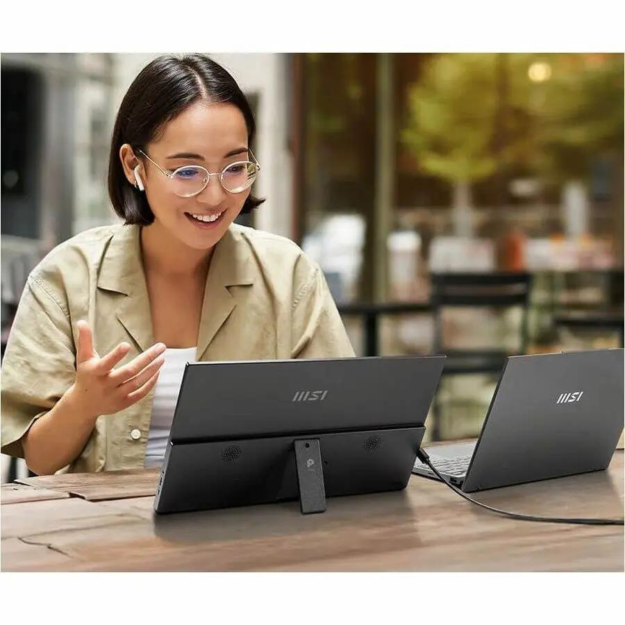 MSI Pro MP165 E6 16-inch FHD monitor and MSI laptop, matte black, two devices
