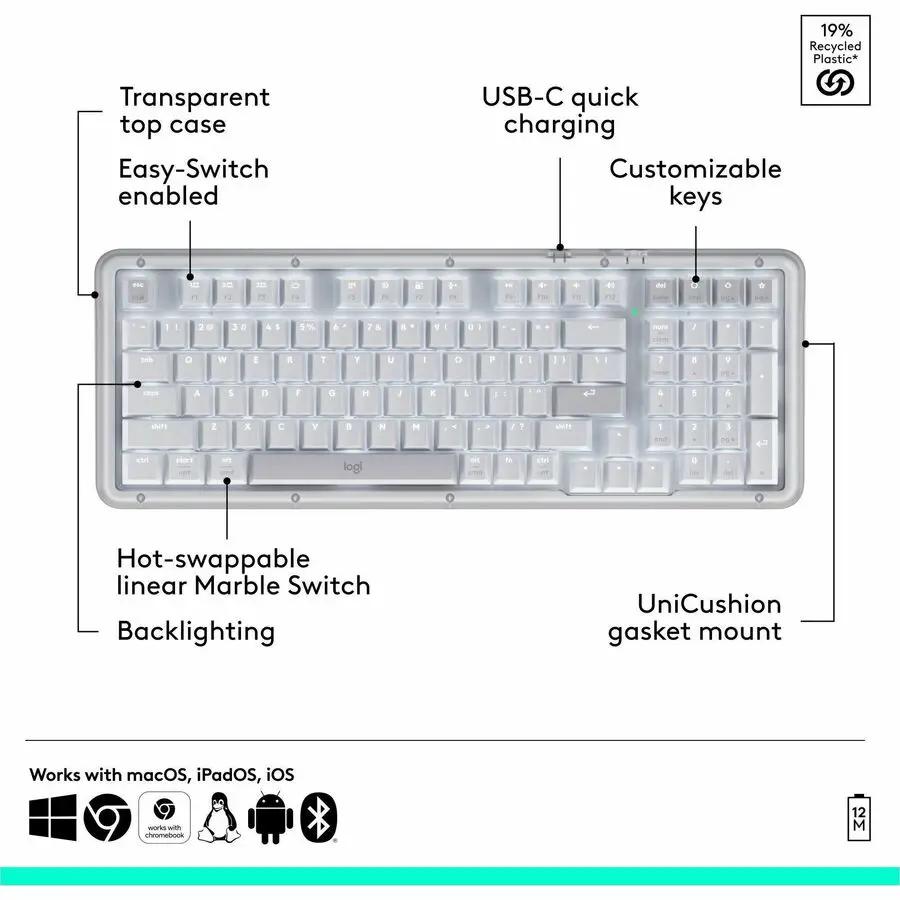 Logitech Alto Keys K98M Wireless Mechanical Keyboard, Customizable Keyboard with Vibration Absorbing Gasket, Backlit Keys, Off-white
