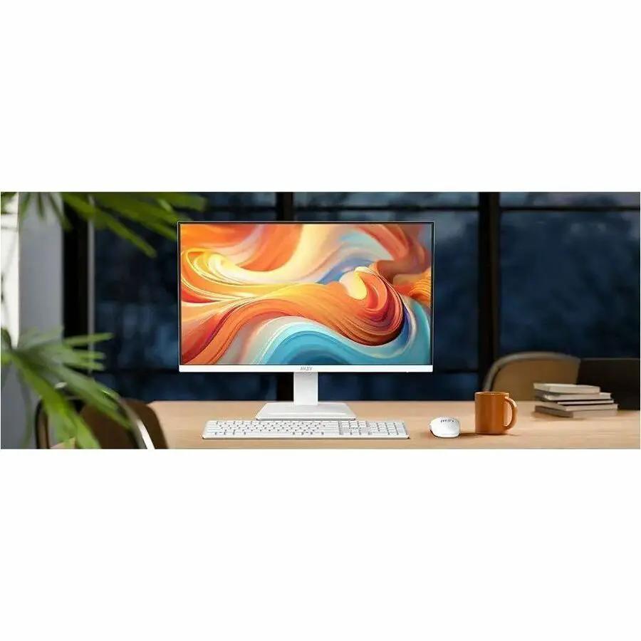 MSI Pro MP273W E14A 27-inch monitor on a desk with white stand, keyboard, and mouse