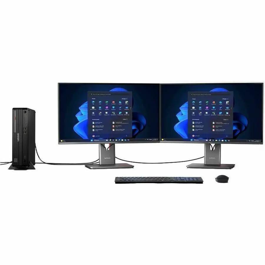 Lenovo ThinkCentre M70s Gen 6 desktop with dual monitors, keyboard and mouse, black