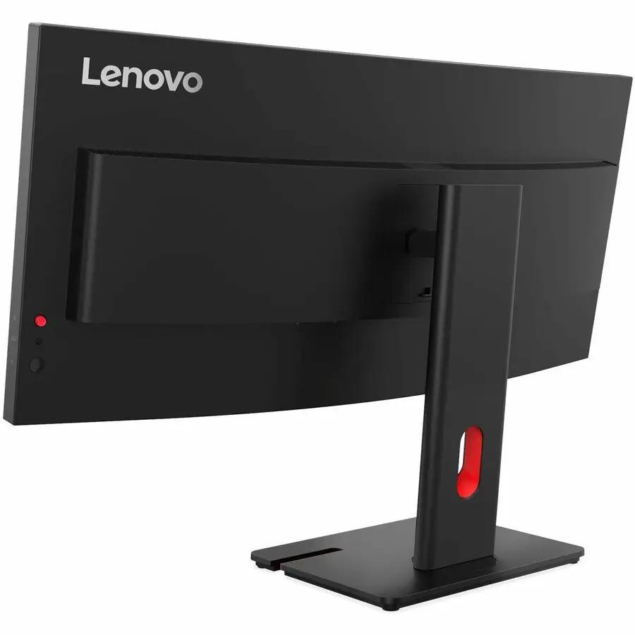 Lenovo ThinkVision T34WD-40 34-inch UW-QHD curved monitor, black body with red-accent stand (rear view)