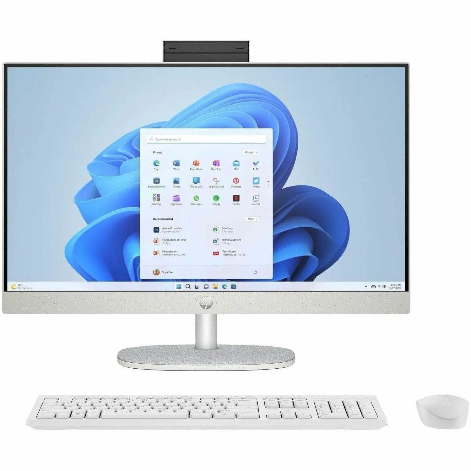 HP All-in-One Desktop with white-silver chassis and wireless keyboard and mouse
